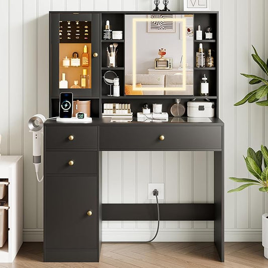 Vanity Desk with Mirror and Lights Makeup Vanity Desk with Lights 3 Colors 38" Dressing Table with Drawer and Cabinet for Bedroom Transparent Glass Top Power Outlet for Bedroom Black