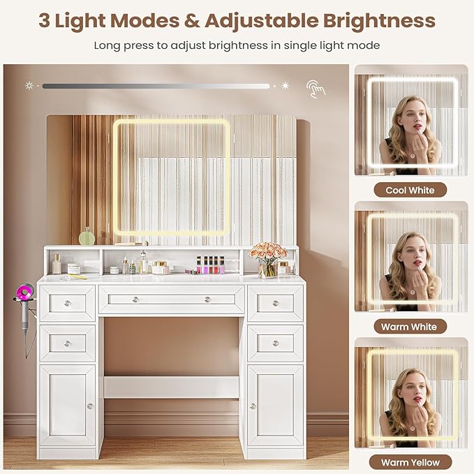 Vanity Desk with Mirror and LED Light, Makeup Vanity with Trifold Mirror and Charging Station, 5 Drawers for Storage, White Modern Vanity Table with Hidden Jewelry Hook for Bedroom, Women Girls