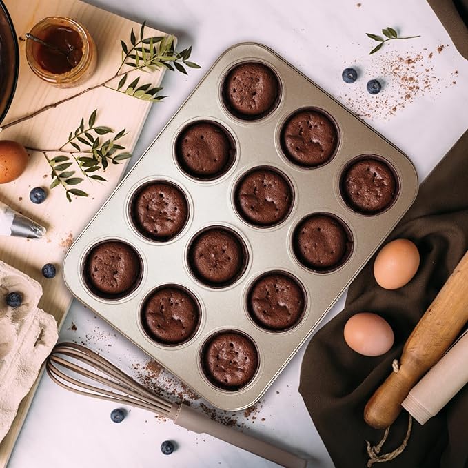 Nsmykhg Nonstick Muffin Pan,4 Packs Nonstick Muffin Pan, Mini Cupcake Pans Set, 12 Cup and 24 Cup Gold Carbon Steel Bakeware Muffin Tin Champagne Mini Muffin Tray Oven Safe Cupcake Mold