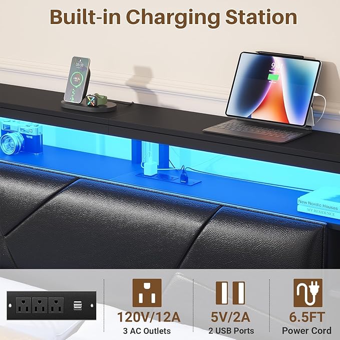 Queen Size Headboard with Charging Station and Smart RGB LED Lights, Queen Bed Upholstered Head Board with Storage Shelf, Sturdy and Solid Headboards for Bedroom, Guest Room and Dorm, Black