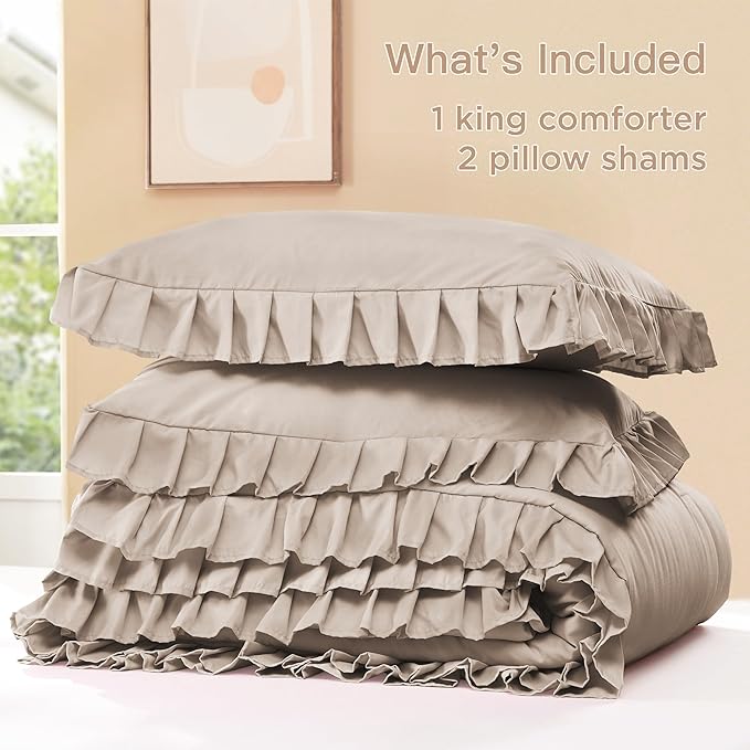 Litanika Light Coffee Queen Comforter Set, 3 Pieces Ruffle Farmhouse Aesthetic Bedding Comforter Set, All Season Soft Lightweight Fluffy Microfiber Bed Set(90x90In Comforter, 2 Pillowcases)