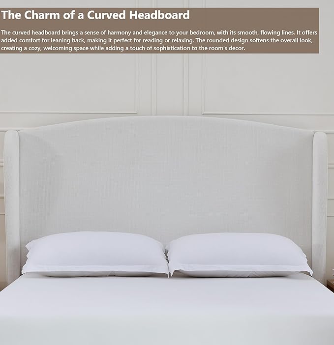 King Size Upholstered Platform Bed with 54" Camelback Headboard, Chenille Fabric, Metal & Wood Support, No Box Spring Needed (Cream White Chenille Curved, King)