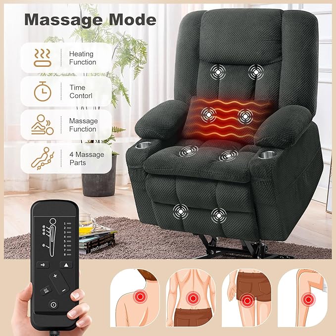 Large Dual Motor Power Lift Recliner Chair with Massage and Heat for Big Elderly People,USB & Type C Ports,Oversized Electric Lay Flat Recliners,Infinite Position,Side Pockets,Cup Holders(Grey)