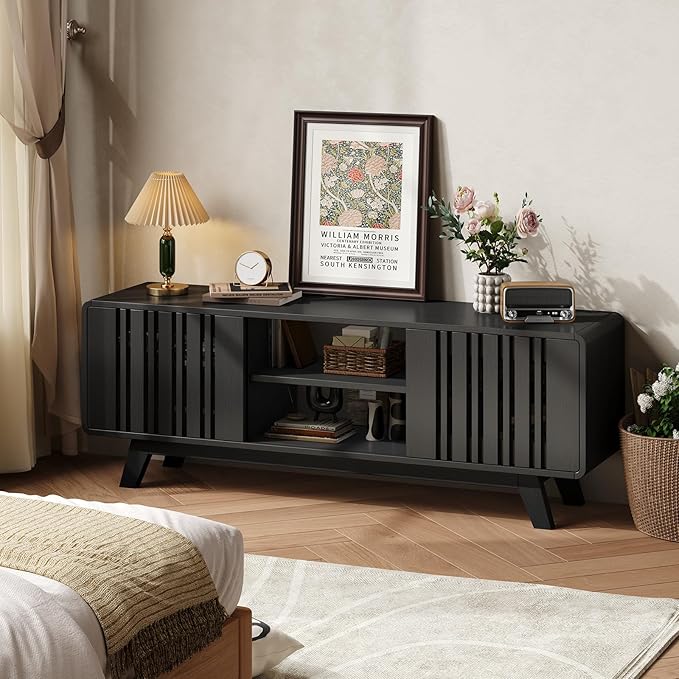 63-Inch TV Stand for TVs up to 75 Inch, Mid-Century Modern Television Stand with Power Outlet， Entertainment Center with Sliding Grille Door Cabinets and Open Shelves for Living Room, Black