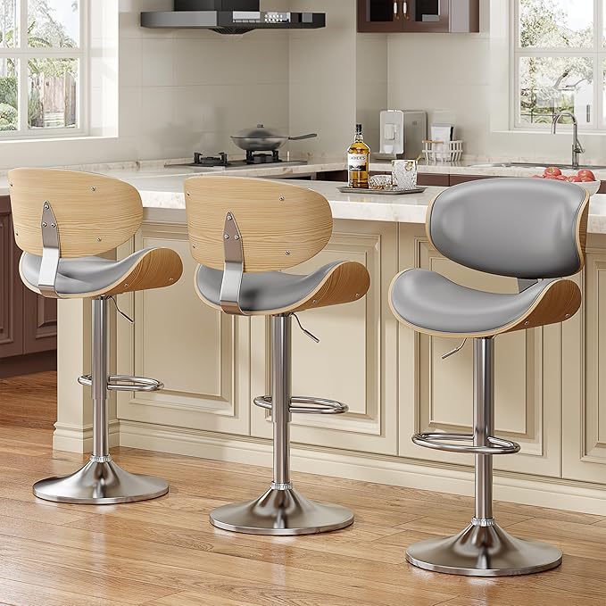 Bar Stools Set of 3, Bentwood Adjustable Height Swivel Bar Stools, PU Leather Upholstered Bar Chair with Back and Footrest for Bar, Kitchen, Dining Room, Grey