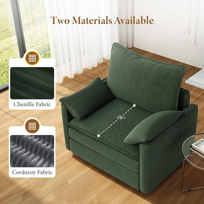 Vesgantti 40" Single Seat Sofa, Comfy Cloud Couch Deep Seat Upholstered Couch Chenille Modern Sofa with Armrest Pillow, Easy Assembly for Living Room, Bedroom and Apartment, Green