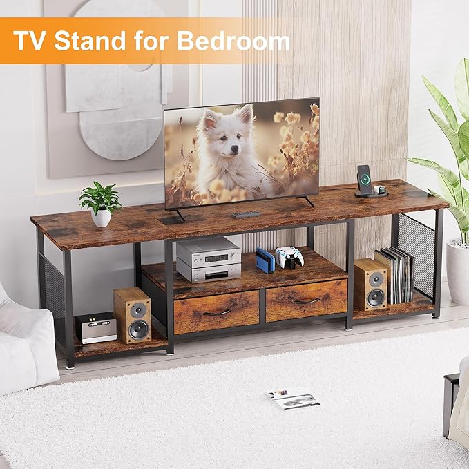 TV Stand with Drawers and Power Outlets for 75 70 65 Inch TV, Entertainment Center with Open Storage Shelves, Industrial Media TV Console Table for Living Room Bedroom Office, Rustic Brown