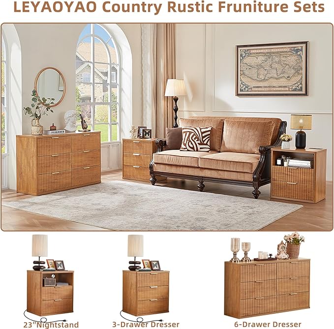 LEYAOYAO Fluted Nightstand with Charging Station, 23" Wide 2 Drawers End Table, Brown Night Stand with Open Storage Cabinet, Farmhouse Bed Side Tables, Wood Dresser for Bedroom, Living Room, Closet