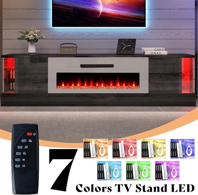 AMERLIFE Glossy Oak Fireplace TV Stand with 40" Fireplace, 80" LED Lights Entertainment Center with Flip Doors & Corner Glass Decor, Modern TV Console Table for TVs up to 90", Living Room, Black&White