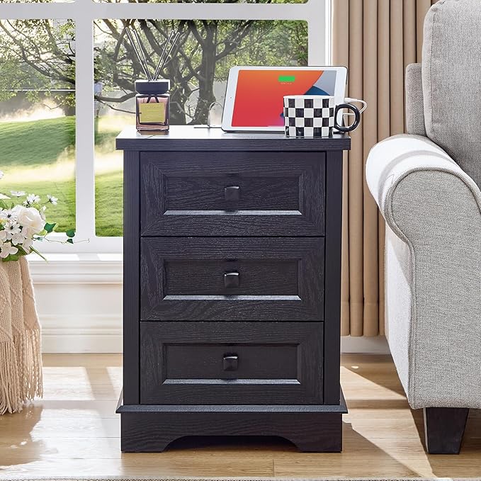 LIDYUK 3 Drawer Black Dresser for Bedroom Farmhouse Dresser Chest of Drawers, 25" Tall Nightstand with Charging Station Chest of Drawers for Bedroom, Living Room