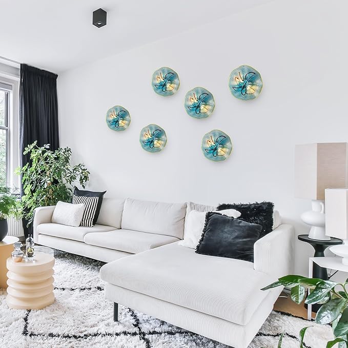 Hand Blown Glass Plate Wall Decor, Modern Unique Glass Wall Art, Lotus Leaf Wall Plate Shape Wall Sconce with Transparent and Easy to Clean for Staircase, Living Room, Kitchen, Hallway (Blue-3)