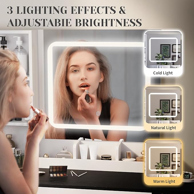 KAMABOKO Vanity Desk with Mirror and Lights, Large Makeup Table Set with 2 Drawers and Storage Stool, Girls Vanity with Fold-up Panel and Power Outlet for Bedroom