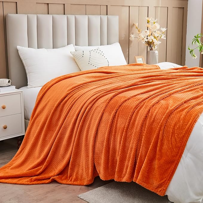 NEWCOSPLAY Super Soft Queen Blanket Orange Premium Silky Flannel Fleece Leaves Pattern Lightweight Bed Blanket All Season Use (Orange, Queen(90"x90"))