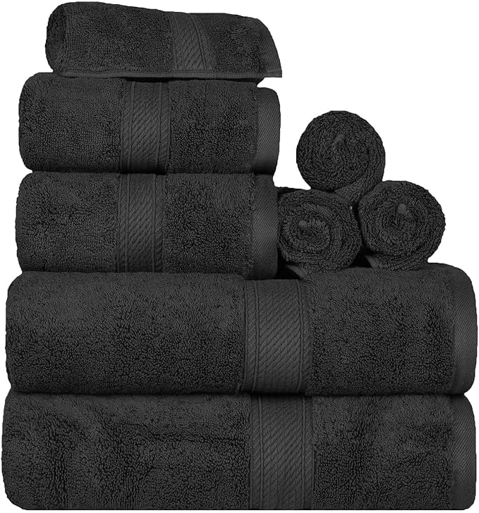 Superior Egyptian Cotton Pile 8 Piece Towel Set, Includes 2 Bath, 2 Hand, 4 Face Towels/Washcloths, Ultra Soft Luxury Towels, Thick Plush Essentials, Guest Bath, Spa, Hotel Bathroom, Black