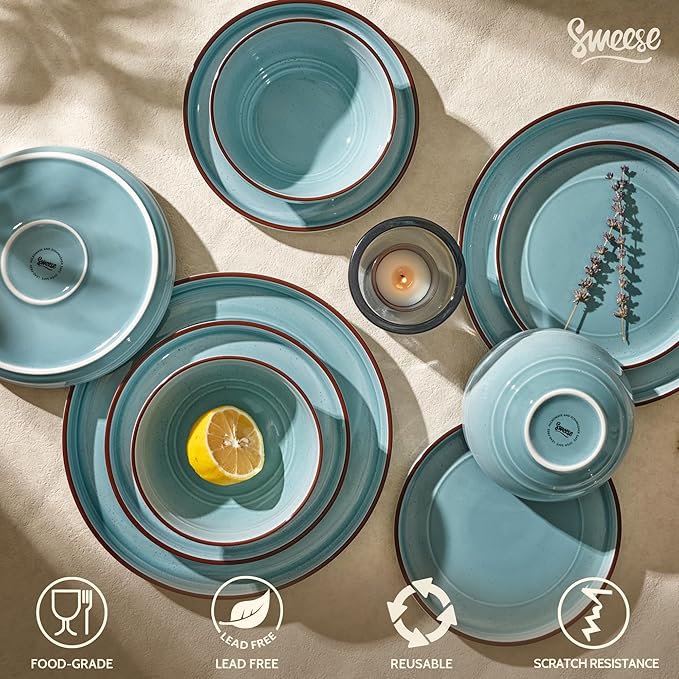 Sweese Plates and Bowls Sets, Porcelain Dinnerware Sets for 6, 18 pcs Handcrafted Glaze Embossed Dinner Set, Scratch Resistant Dishware, Dishwasher Oven Microwave Safe Ceramic Dish Set, Gradient Blue