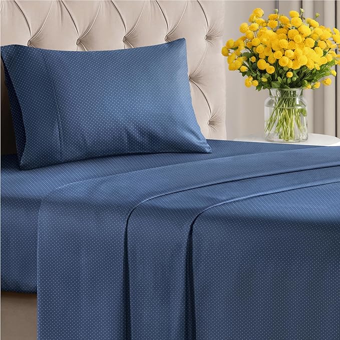 Navy Blue Polka Dots Bed Sheet Set – 1 Flat & 1 Fitted Sheet & 1 Pillowcase w/ Deep Pockets – Polka Dot Bedding - Ultra-Soft, Wrinkle & Fade Resistant - Comfy, Breathable & Cooling - Twin XL Size Set