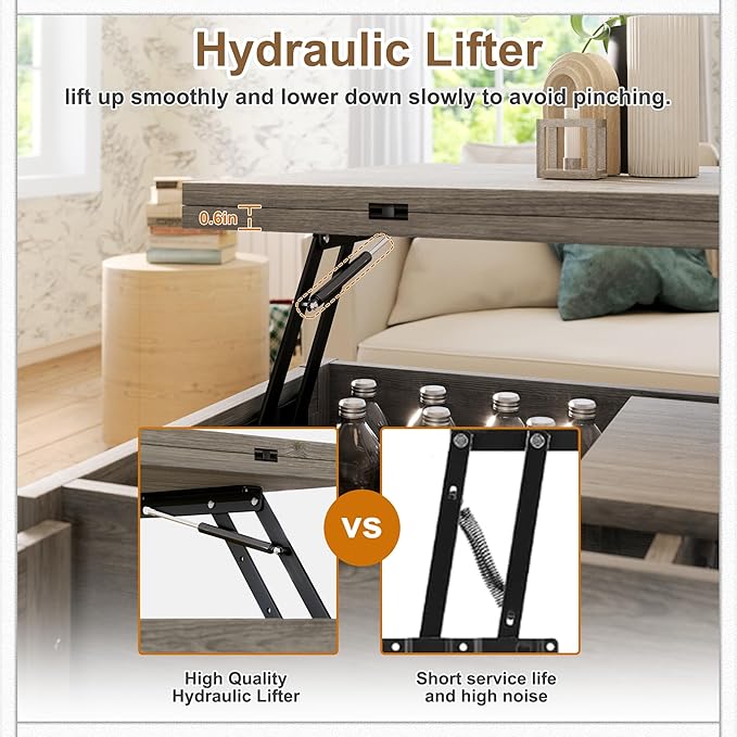 Lift Top Coffee Table with Storage, 4 in 1 Multi-Function Convertible Tea Tables with Hidden Compartment, Farmhouse Center Table Converts to Dining Table for Living Room, Grey