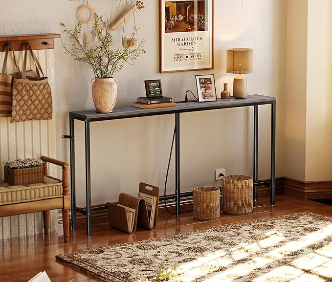 SUPERJARE Console Table with Outlet, 63 Inch Sofa Table with Charging Station, Narrow Hallway Entryway Table, Behind Couch Table Skinny for Entryway, Living Room, Plants, Charcoal Gray