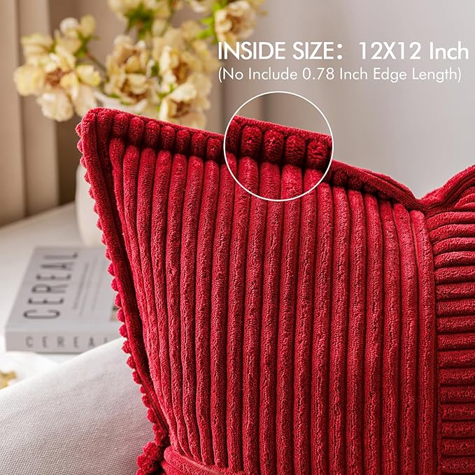 MIULEE Christmas Decorative Throw Pillow Covers for Couch Bed Livingroom 12x12 Inch Set of 2 Red Boho Accent Throw Pllows Broadside Striped Patchwork Soft Corduroy Pillowcases