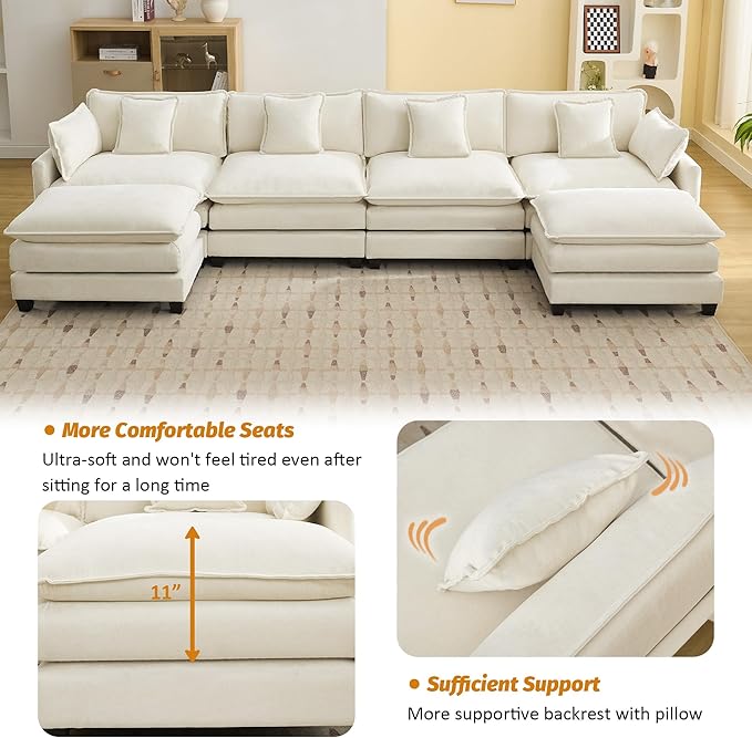 147'' Sectional Cloud Deep Seat Couch, Oversized Chenille U Shaped Sectional Sofa for Living Room Set, Comfy Upholstered Modular Sectional Sofa Couch with 2 Movable Ottoman, Beige