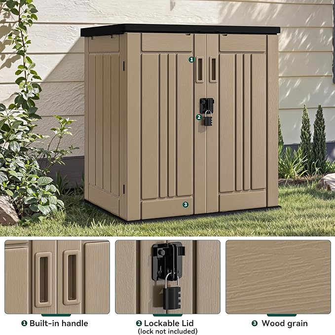YITAHOME Outdoor Storage Cabinet with 2 Shelves, Waterproof Resin Horizontal Tool Shed, Lockable 15 cu. ft. Storage Shed for Patio, Garden, Yard, Brown