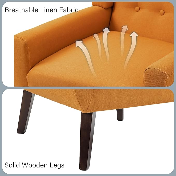 Accent Chair, Mid-Century Modern Fabric Chairs with Arms for Living Room, Comfy Upholstered Club Single Sofa Armchair for Bedroom Waiting Room with Solid Wood Frame (Fabric Orange, Set of 1)