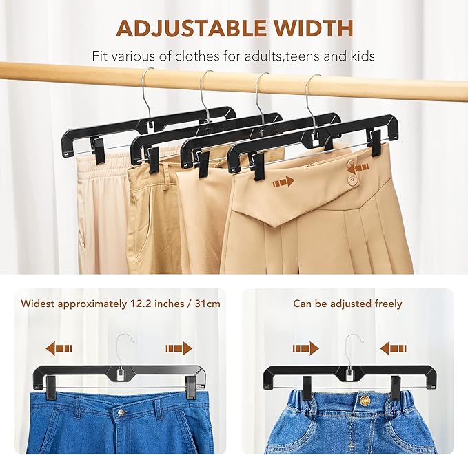 HOUSE DAY Black Pants Hangers with Clips 12 Pack, Plastic Skirt Hangers for Women, 14 Inch Clip Hanger for Pants, Skirts, Jeans, Shorts, Legging, with 360-degree Swivel Hook, 2 Adjustable Clips