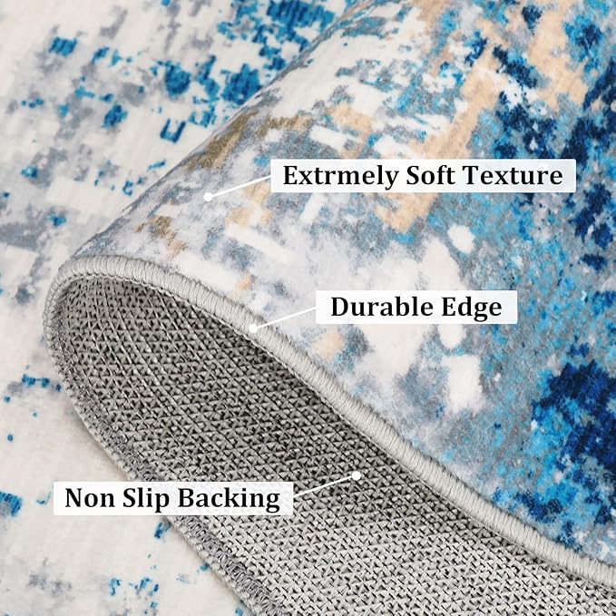 4x6 Modern Abstract Rugs for Living Room Stain Resistant Carpet Ultra Soft Indoor Floor Cover Accent Rug Low Pile Thin Rug for Bedroom Dining Room, Blue/Grey