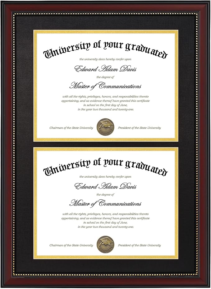 GraduatePro Dual Diploma Frame 14"x20" for Two 8.5"x11" Certificates/Pictures with Double Mat Black Over Gold, UV Protection Acrylic, Professional Mahogany Wooden Finish Gold Beads