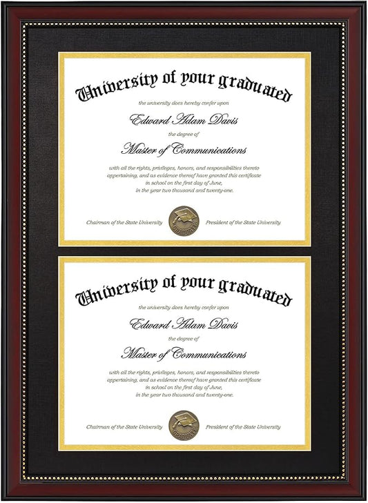GraduatePro Dual Diploma Frame 14"x20" for Two 8.5"x11" Certificates/Pictures with Double Mat Black Over Gold, UV Protection Acrylic, Professional Mahogany Wooden Finish Gold Beads