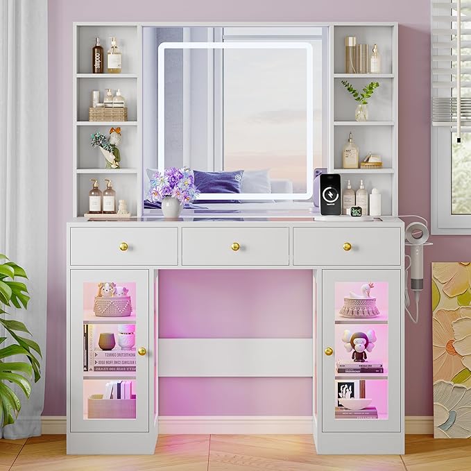 Makeup Vanity Desk with HD Lighted Mirror & Power Outlet, Glass Top Vanity Table Set with Storage Drawers & RGB Cabinets, Large Dressing Table with 3 Lighting Modes for Bedroom Women Girls Kids, White