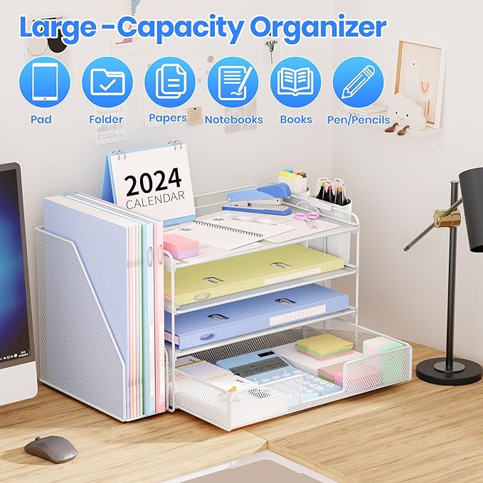 Desk Organizer and Accessories, 4-Tier Desktop File Organizer with Drawer and 2 Pen Holders, Office Desk Accessories for Office Supplies(White)