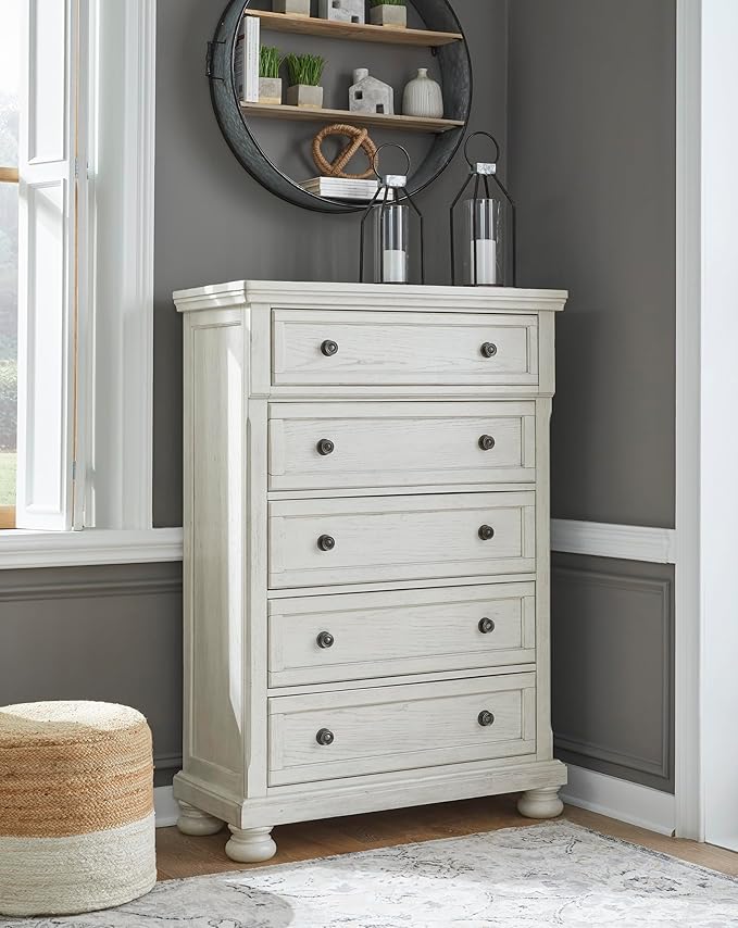 Signature Design by Ashley Robbinsdale Traditional 5 Drawer Chest, Antique White