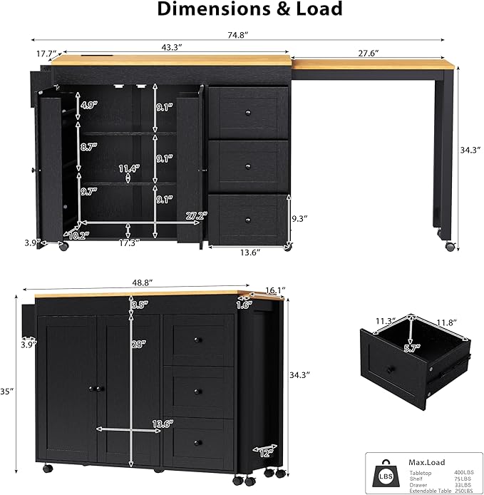 Rolling Kitchen Island on Wheels with Extendable Dining Table, Kitchen Storage Cart with 3 Drawers and Spice Rack, Black