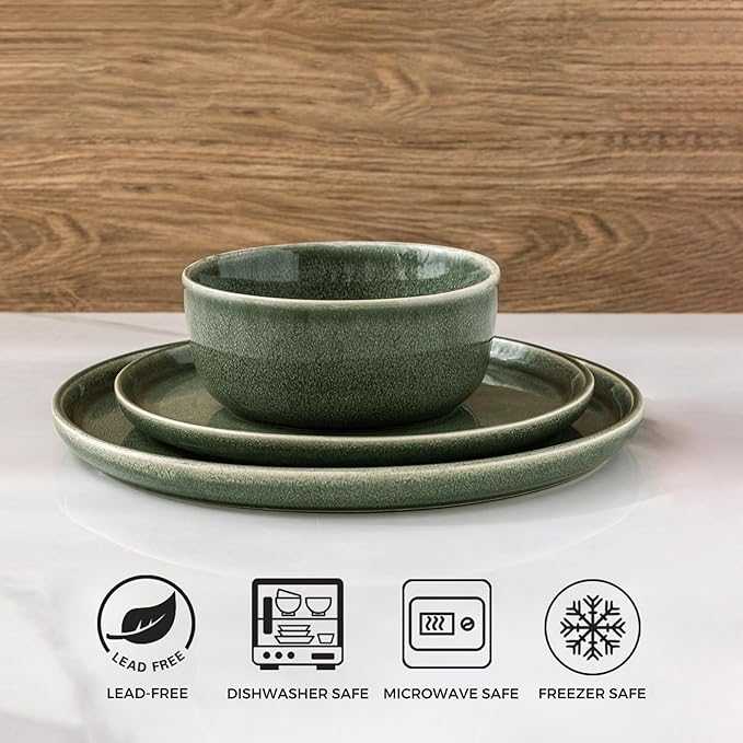 AmorArc Stoneware Dinnerware Sets,Round Reactive Glaze Ceramic Plates and Bowls Set,Highly Scratch Resistant | Dishwasher & Microwave Safe Dishes,Service for 6 (18pc) Jade Green