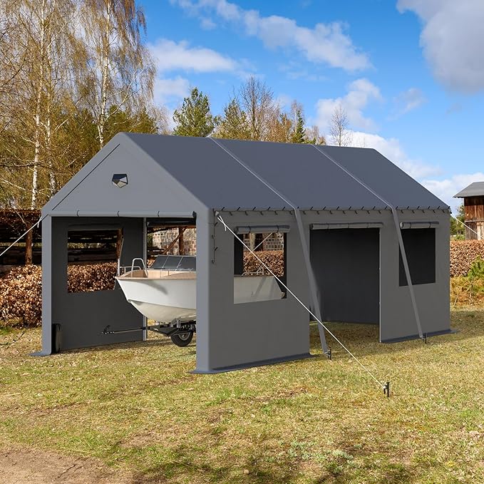 10x20 Carport Canopy, Heavy Duty Car Ports with Sidewalls, Portable Garage Carports with Roll Up Zipper End & Side Doors, Grey