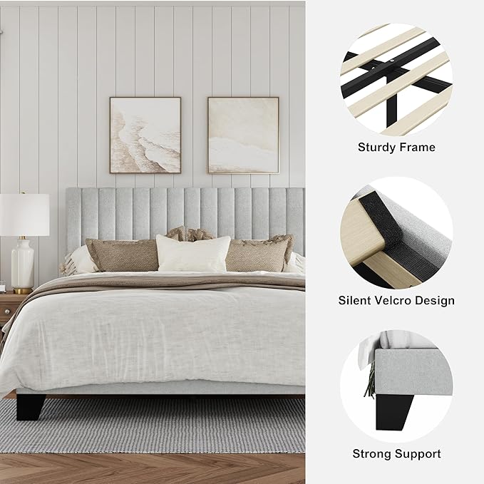 Twin Size Bed Frame, Fabric Upholstered Platform Bed with Adjustable Headboard, Sturdy Frame and Wooden Slats, Noiseless, No Box Spring Required, Easy to Assemble, Light Grey