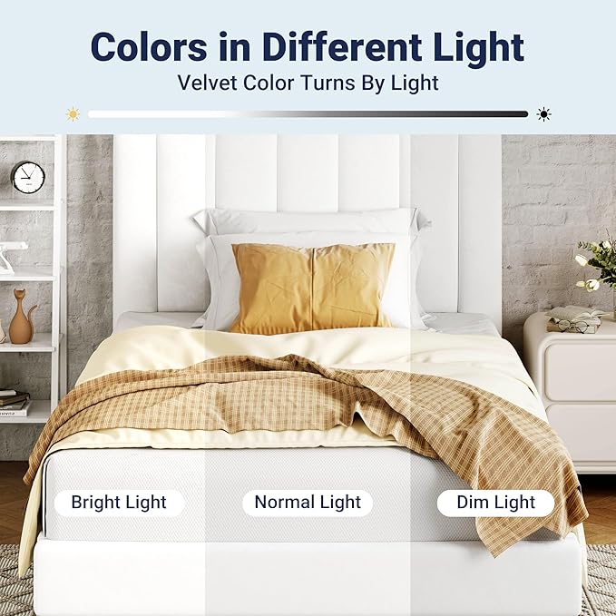 Allewie Twin Bed Frame/Velvet Upholstered Bed Frame with Vertical Channel Tufted Headboard/Strong Wooden Slats/Platform Bed Frame/Mattress Foundation/Box Spring Optional/Easy Assembly/White