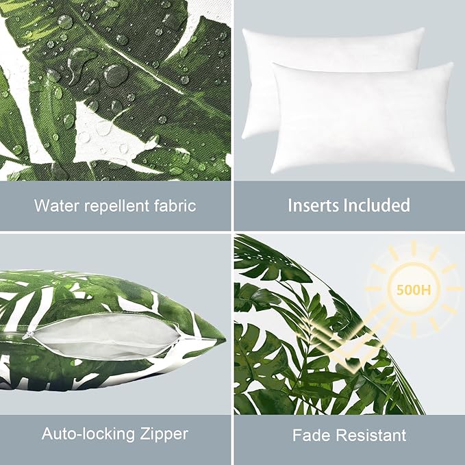 LVTXIII Set of 2 Patio Lumbar Pillows, 12”x20” Fade Resistant Outdoor Lumbar Pillow with Inners, Fluffy Decorative Garden Lumbar Cushions for Home Patio Coach Sofa Use, Palm Green
