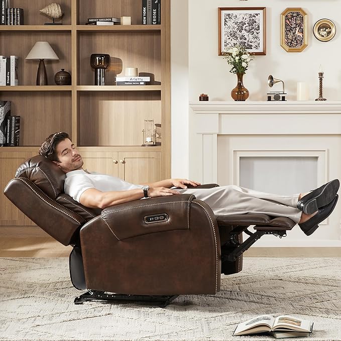 CHITA Genuine Leather Power Recliner Chair for Adults, Electric Wall Hugger Recliner with Adjustable Power Headrest & USB/Type-C Ports, Compact for Small Spaces & Living Rooms, Dark Brown