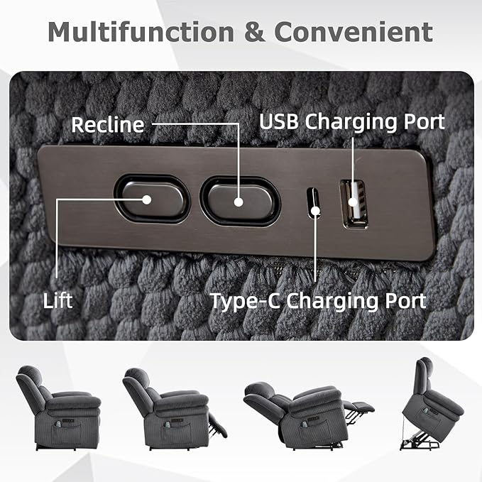 CANMOV 46" Wide Oversize Power Lift Recliner Chair, Extra Large Electric Lift Recliners for Elderly Big, Stand Up Recliner Chair with Massage and Heat, USB and Type-C Ports, Dark Grey
