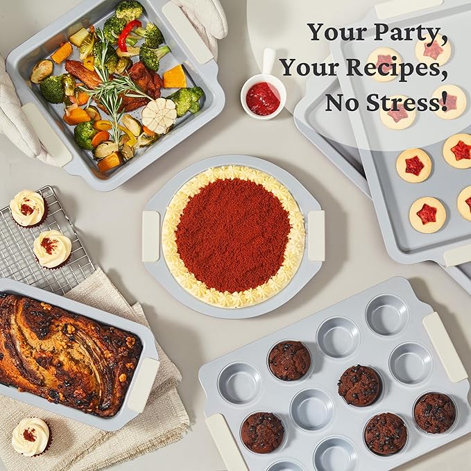 BRONYPRO Nonstick Ceramic Bakeware Set (9 Pieces),Heavy Duty Aluminized Steel Bakeware-Baking Pans Set with Silicone Handles,Includes Sheet Pans,Loaf Pan,Muffin pan,Cake pans,PTFE & PFOA Free - White