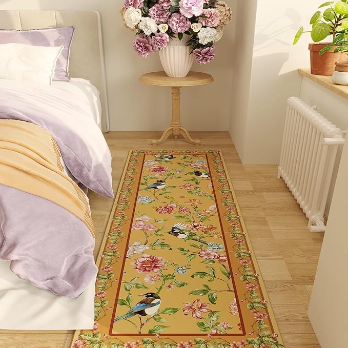 Runner Rug for Kitchen 2'6"x8' Washable Rugs with Rubber Backing Soft Floral Bird Magpies Floral Animal Carpet Runner for Kitchen, Laundry, Bedroom, Bathroom (Yellow)