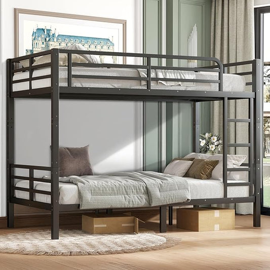 Twin XL Over Twin XL Bunk Bed Frame, Heavy Duty Metal Loft Bed for Adults/Teens, 350/500LB Capacity w/Ladder & Guardrail, Noise-Free Steel Slats, No Box Spring Required, Black