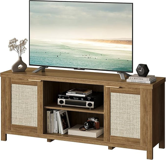 Rattan TV Stand for TVs up to 65'',Boho Entertainment Center with Adjustable Shelves, Mid Century Modern Media TV Console Cabinet with Rattan Doors for Living Roon Bedroom Caramel Oak LTV91BR