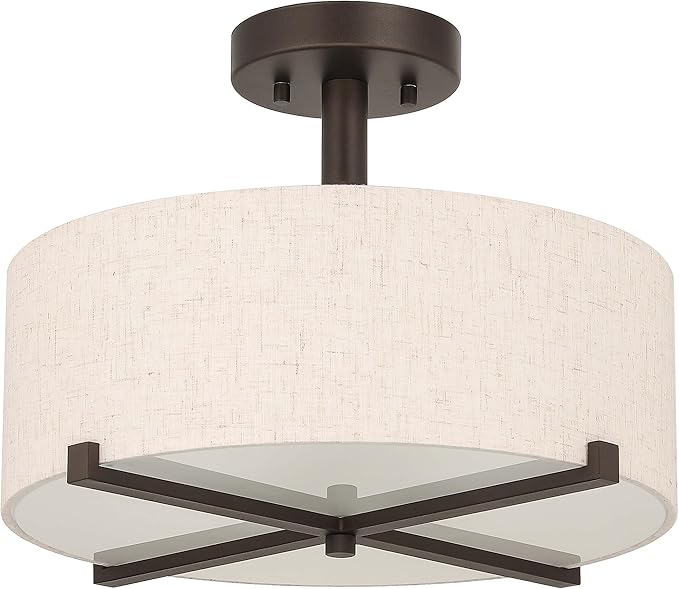 XiNBEi Lighting 3 Light Semi Flush Mount Ceiling Light Fixture, Drum Light with Fabric Shade, Modern Close to Ceiling Lamps for Bedroom, Dining Room, Kitchen, Hallway, Entry, Foyer