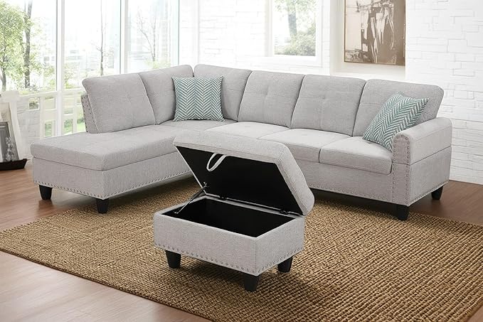 98 Inch L Shaped Sectional Sofa with Chaise Lounge, Storage Ottoman and 2 Pillows, 4-Seaters Linen Upholstered Tufted Couch w/Cupholder & Nailhead Trim for Living Room, Office, Light Gray