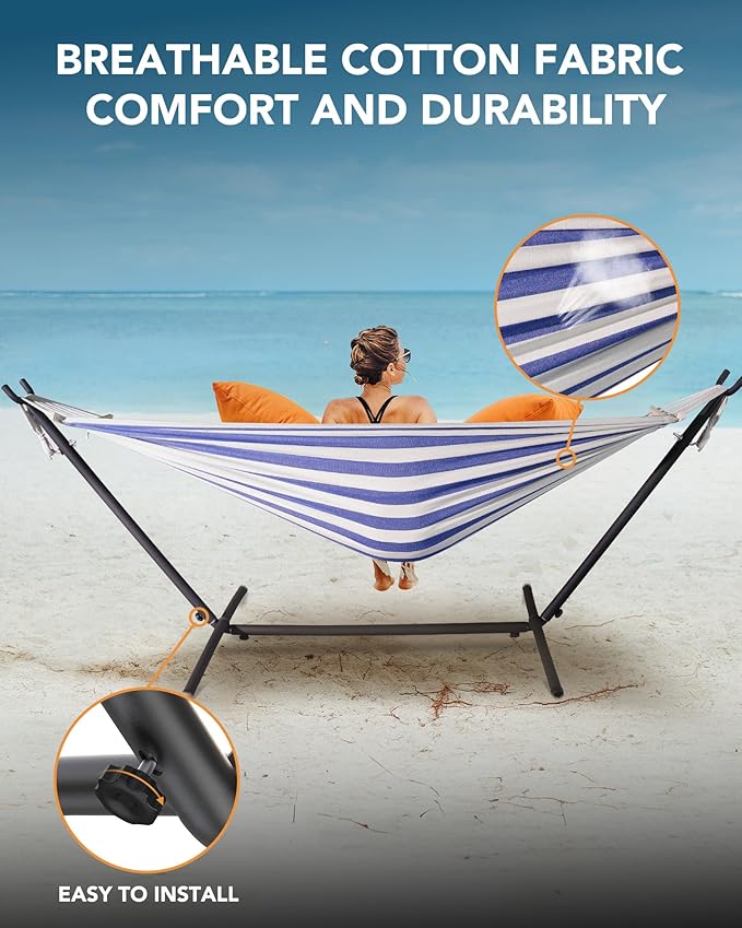Double Hammock with Heavy-Duty Steel Stand,Portable,Easy Assembly,600lbs Weight Capacity,Perfect for Indoor,Yard,Camping,or Outdoor-BlueWhite
