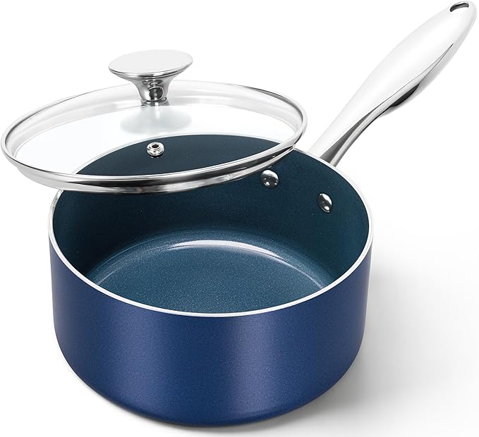 MICHELANGELO 2 Quart Saucepan with Lid, Nonstick Ceramic Sauce Pan with Stainless Steel Handle, 2 Qt Saucepan with Lid Induction Compatible, Oven Safe, Blue