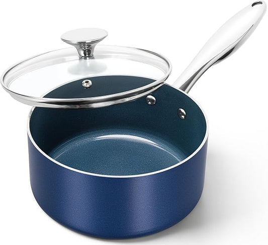 MICHELANGELO 2 Quart Saucepan with Lid, Nonstick Ceramic Sauce Pan with Stainless Steel Handle, 2 Qt Saucepan with Lid Induction Compatible, Oven Safe, Blue